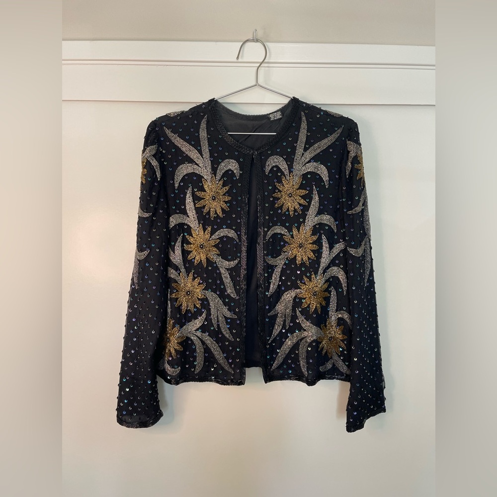 Vintage 100% Silk Beaded Jacket Cardigan Black Gold Silver Size S/M